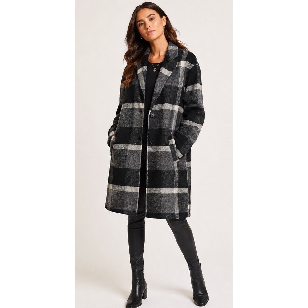 ZARA Women's Plaid Longline Coat Black Gray Cream Oversized Wool Look Size L